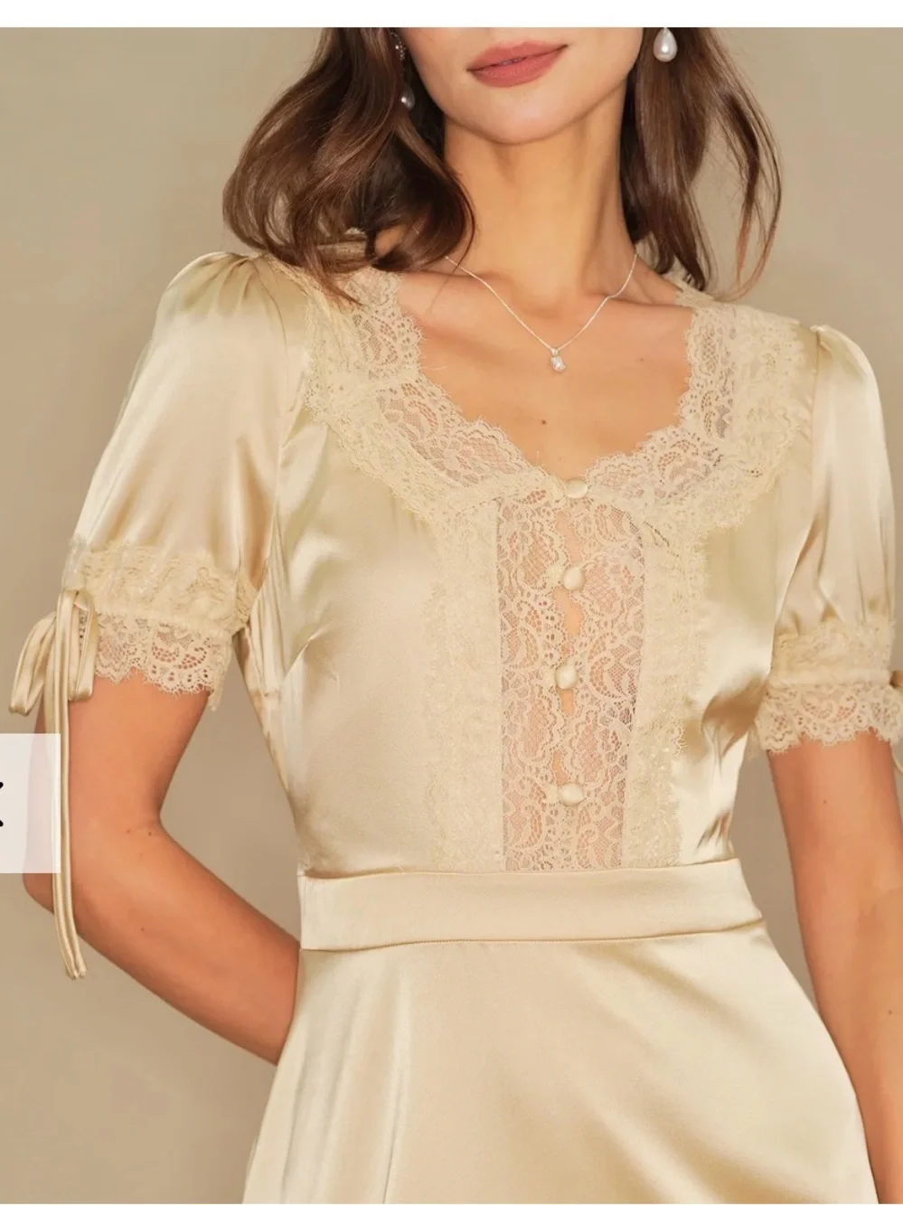 Rihoas Apricot Satin Lace Mini Dress Medium NWT V Neck Cottagecore Romantic - Picture 2 of 12